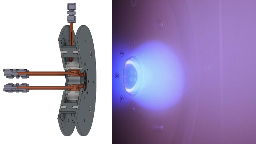 RAIJIN-30 high-density argon Hall thruster: CAD cross-section and firing plume